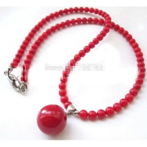 Natural 6mm red coral rounds beads necklace 14mm sea shell pearl pendant AAA