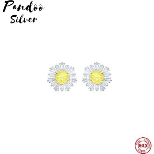 Pandoo Fashion Charm Sterling Silver Original 1:1 Replica, Yellow Sun Flower Pattern Stud Earrings Women Luxury Jewelry Gifts