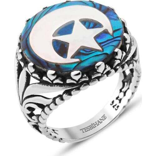 Tesbihane Ocean Sedefi Üzerine Pearl Inlaid "the Moon the Stars" Motif Handwork 925 Sterling Silver Ring