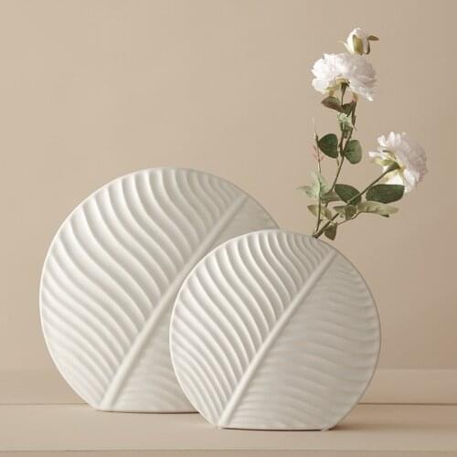 Nordic Flower Arrangement Flat Vase White Leaf Ceramic Soft Decoration Decoration Handicraft Personality Creative Flower