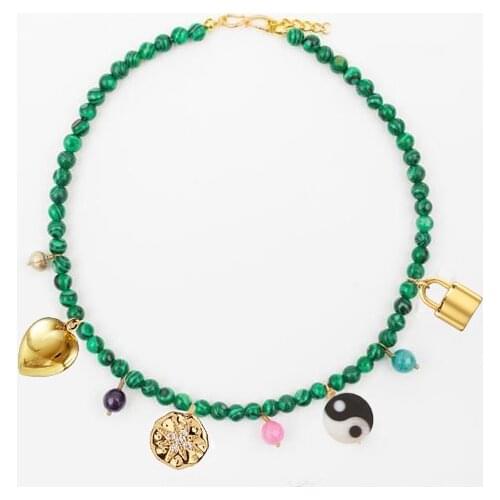 Vintage boho hypsoparis beaded green malachite beads lock yinyang heart coin pendant charm jewelry gifts women choker necklace