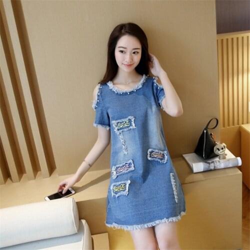 Summer Style Women Dress Temperament Hole Beading Tassel Denim Jean Dress Short Sleeved Ladys Hollow Out Shoulder Dress