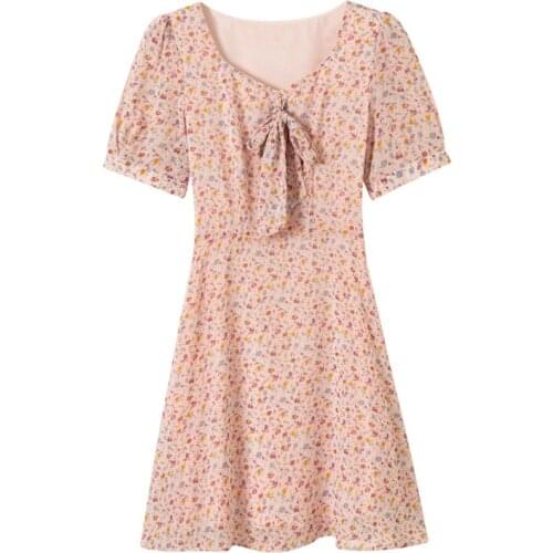 VSUE Summer Prairie Chic Chiffon Pink Floral Print Bow Breathable V-Neck Puff Sleeve Pullover A-Line Slim Short Dress D3072