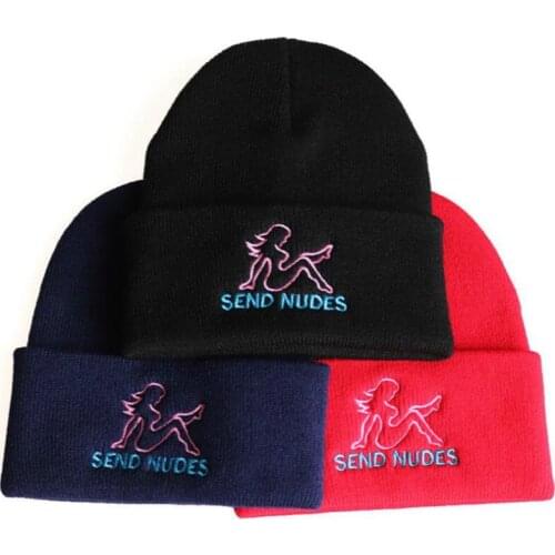 Embroidery SEND NUDES Winter Hat For Men Streetwear Hip Hop Knitted Skullies Beanie Hip-hop Warm Male Beanie Bonnet Ski Cap