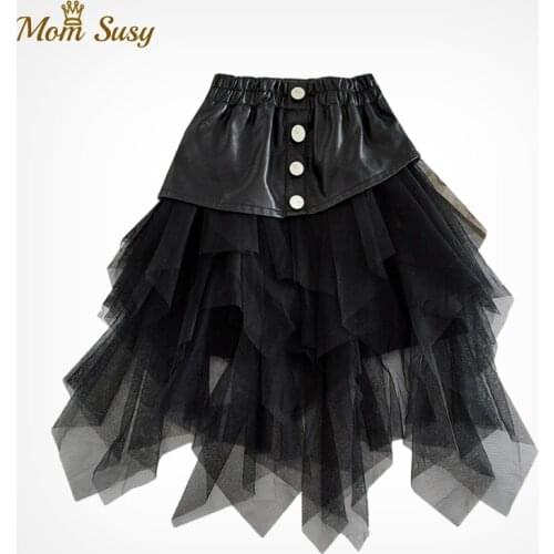 2020 Fashion New Girl PU Leather Skirt Long and Short Toddler Teenager Girl Leather Patchwork Tutu Skirt Black Tulle Clothes