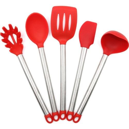 5PCS Kitchen Silicone Non-stick Cooking Tools Spoon Spatula Egg Beaters With Wood Handle Utensils Dinnerware Set Accessories