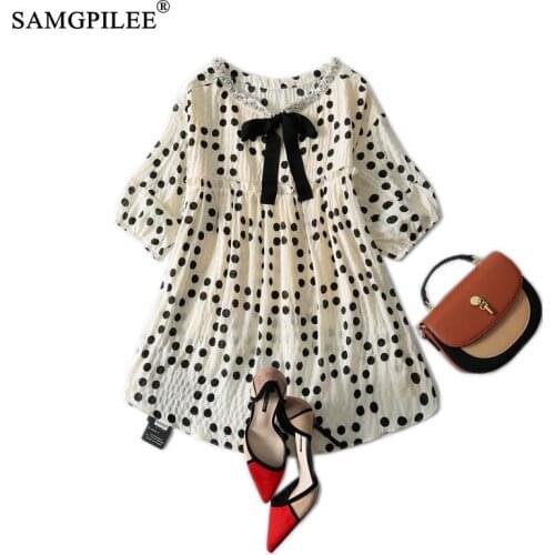 Summer 2021 New Sweet Korean Style Women Blouses O Neck Loose Polka Dot Pattern Bowknot Chiffon Tops Woman Plus Size 4XL