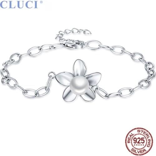 CLUCI 100% Silver 925 Pendant Bracelet Adjustable Women Flower 7-8mm White Round Pearl Pendant Bracelet 7.5" plus 1.5" FSB003SB