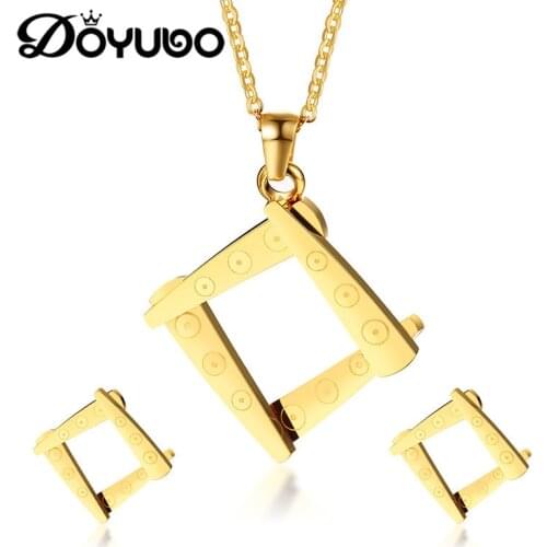 DOYUBO Hot Sale Gold Color Stainless Steel Jewelry Sets For Women Squre Charms Pendant Necklace & Earrings Lady Jewelry DG016