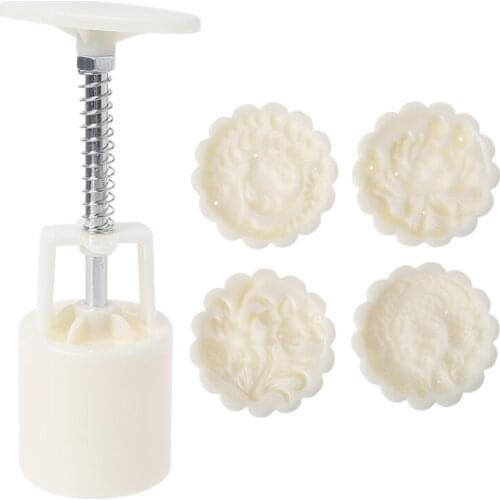 T84E Loong Phoenix Round Moon Cake Molds 50g Hand-Pressure 4 Stamps Chinese Traditional Mooncake Molds for Mid-Autumn DIY