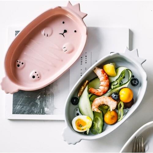 Creative Cute binaural Ceramic Plate Cheese Rice Oven bowl dinner plate Baking Plate Salad fruit dessert plate household tray