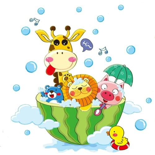 Cute Animals in the Bath Shower Wall Stickers Bathroom Bubbles Stickers for Kids Room Baby Room Home Decoration Art Decals Decor