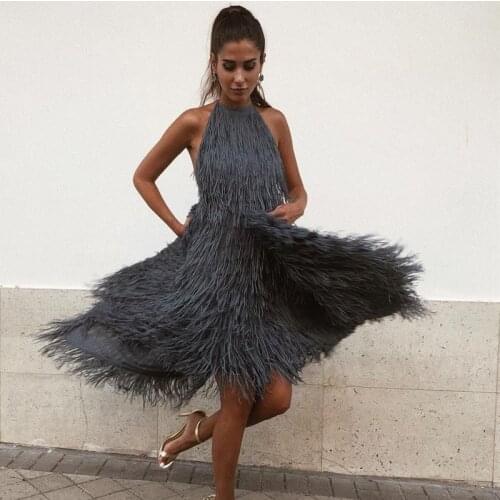 Lady new feathers spliced halter dress women summer high waist asymmetrical dress summer sexy backless dress DB18024
