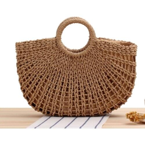 Simple Hand Carrying Straw Handmade Woven Hollowed Summer Beach Bag Large Capacity Beach Handbags