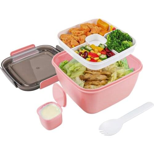 Salad Lunch Container Large Salad Bowl With Removable 4-Compartment Bento-Style Tray And Sauce Container #20