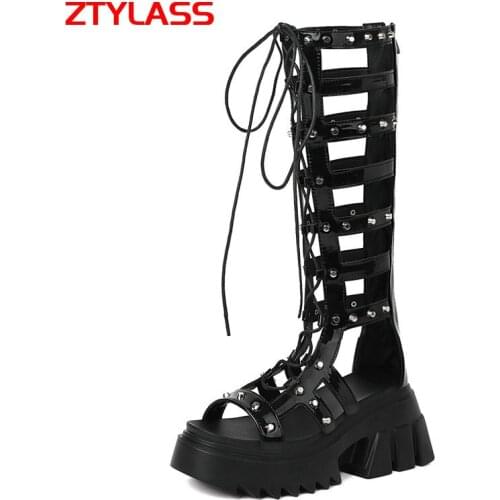 Women Patent Leather Gladiator Sandals Fashion Zipper Thick High Heel Sandals Summer Open Toe Cross Tied Platform Shoes Woman