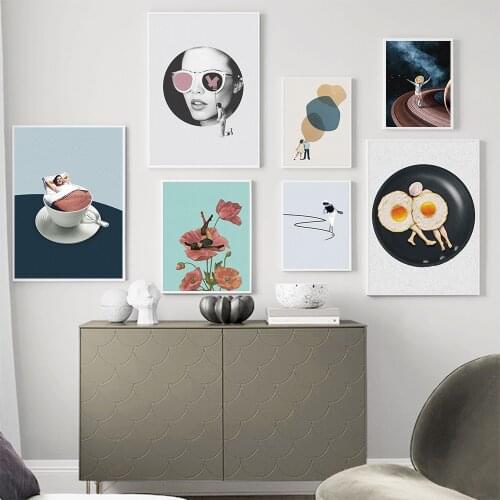 Vintage Abstract Girl Poster Colourful Dreamer Coffee Cup Wall Art Print Nordic Canvas Painting Decor Pictures For Living Room