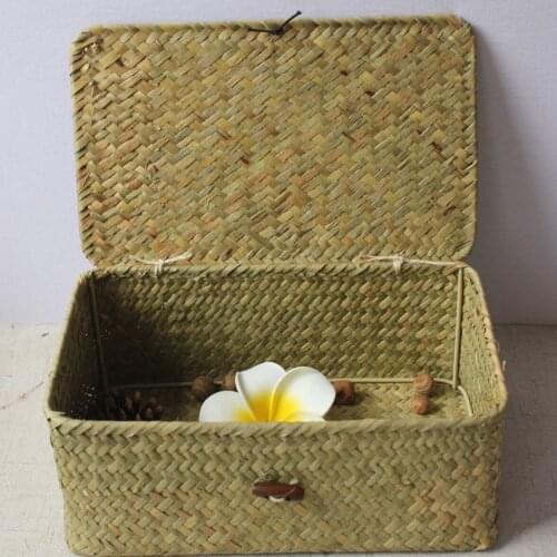 13S Handmade straw woven storage basket storage box storage box with black buckle and lid