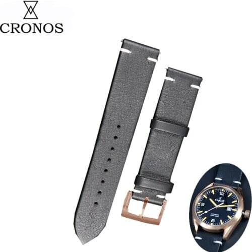 Cronos Watch Parts Black Leather Strap for Watch Flat Ends 22mm Stainless Steel Bronze Tongue Buckle Quick Release Spring Bars