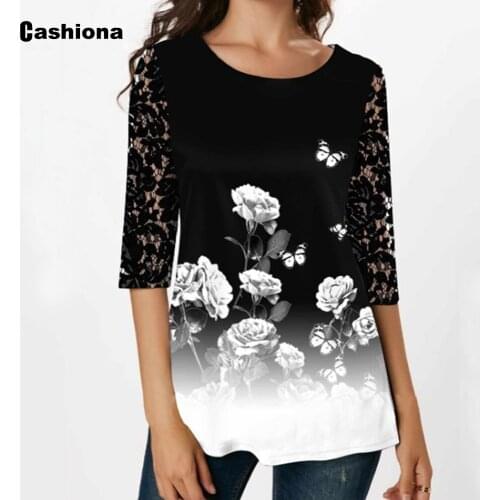 Ladies Elegant Leisure Casual T shirt Patchwork Lace flower Print O-neck Loose Womens Tops 2020 Summer New Tee shirts Femme
