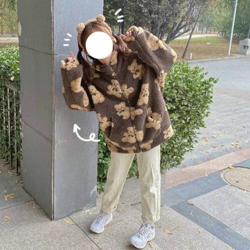 Cute Zipper Women Hoodies 2021 Winter Faux Fur Loose Kawaii Girl Bear Graphic Soft Teddy Coat Korea Thickened Warm Pocket Jacket