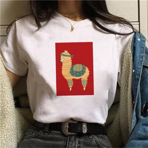 Women Vintage Style Fashion Lovely Alpaca Print Funny Summer T shirt Women Princess Short Sleeve Tees
