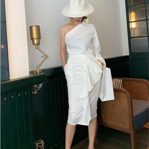 Women Set Women Skirt Sets Irregular Long Sleeve White Cotton Shirt High Waist Ruffle Long Skirts 2piece Set Women Z112