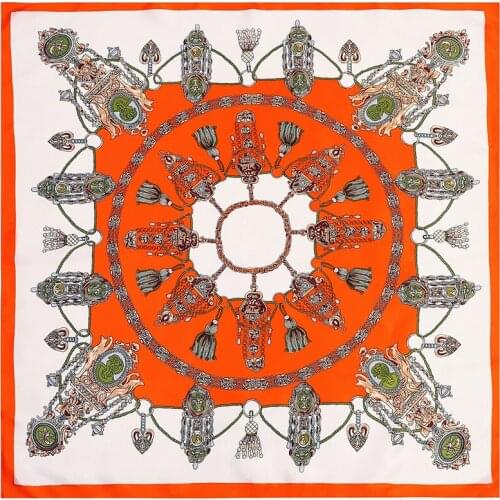 POBING Silk Square Scarf Women Tassel Rope Print Foulards Hijab Bandana Lady Neckerchief Silk Scarves Wraps Headband 90cm*90cm