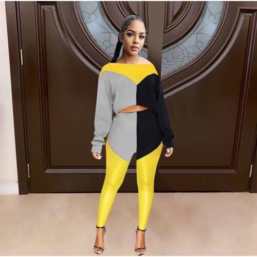 Color Block Patchwork Long Sleeve Pullover Tops and High Waist Jogger Sweatpant for Women Casual Autumn Two Piece Set Sportwear