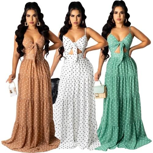 2021 Polka Dot Women Long Maxi Dress Spaghetti Straps Deep V Neck Hollow Out Bow Tie Boho Dress Summer Holiday Fashion Outfits