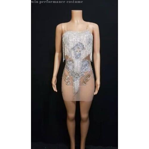 Women Rhinestones Fringes Dress Stage Wear Transparent elastic mesh Singer Evening Performance Tassel Evening dress short Dress