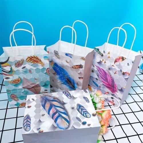 10pcs Feather Storage Paper Bag With Handles Student Gift Stationery Test Paper Data Food Baking DIY Packaging Storage