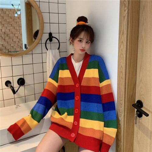 2020 Spring and Winter Knitted Rainbow Cardigans for Women Casual Loose Striped Sweater Ladies Oversize Jumper