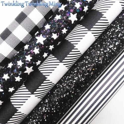 BLACK Chunky Glitter Sheet, 8"x11" Glitter Sheets, Faux Leather Sheet, Black and White Tartan Hair Bow Earring Fabric XM026