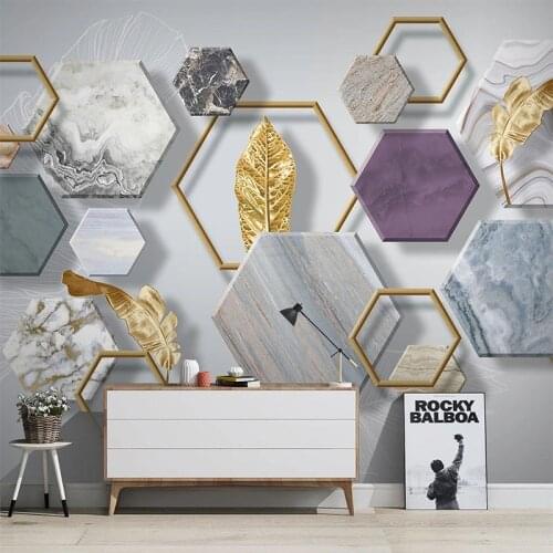 Custom Wallpaper Modern Simple Marble Texture Geometric Golden Leaves Photo Wall Murals Living Room TV Sofa Home Decor Wallpaper