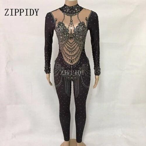 Fashion sexy Gray Sparkly Crystals Jumpsuit Womens Performance Dance Party Prom Nightclub Female Singer Show Stage