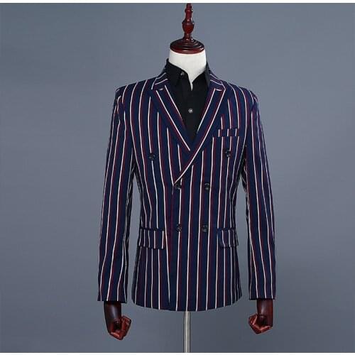 Fashion Mens Slim Fit Suit Blue Stripe Double Breasted Blazer Pants 2 Piece Set Wedding Party Suits Mens Business Casual Suits