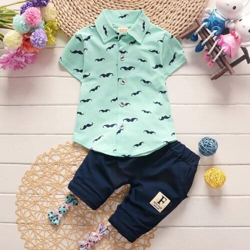 2Pcs Newborn Baby Boys Clothes Set Summer Boys Cartoon Beard Short Sleeve Shirts Tops + Middle Pants Toddler Kids Clothing Sets