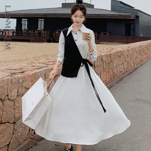 LANMREM 2021 New Long-sleeved Lapel Single Breasted Patchwork Two-piece Dress Spring And Autumn Chic Long Dresses Women 2W219