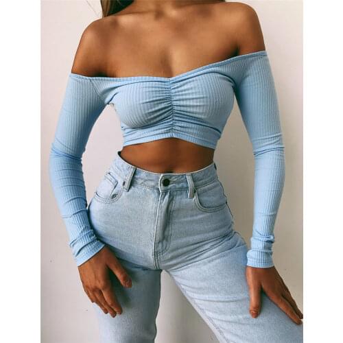 Summer Women Off Shoulder Crop Top Long Sleeve T Shirt V Neck tshirt Elegant Party Club Tee Shirt Femme Dames Streetwear