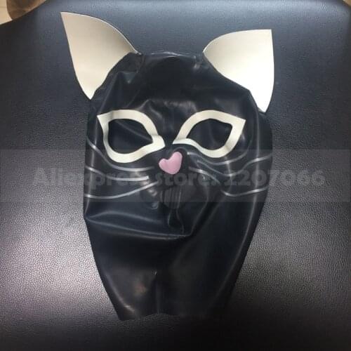 Cute latex rubber cat women hoods black hood mask with white ears back zip custom made RLM258