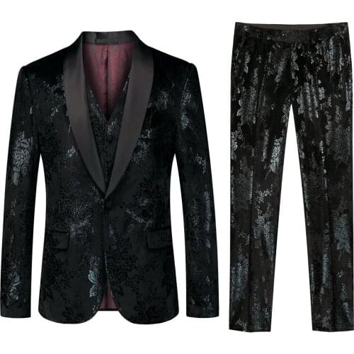 2021 mens new velvet dinner best man supporter dress suit suit printing process green fruit collar suit three-piece black