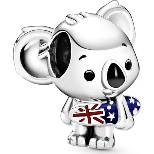 Original Black Enamel Surfing Koala With Australian Flag Beads Fit 925 Sterling Silver Animal Charm Bracelet Diy Jewelry