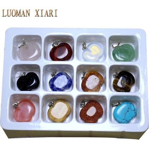 Wholesale 12 PCS Boxed Natural Stone flat Apple Shape Pendant DIY Fit Necklace For Jewelry Making 10* 20 mm Mix Color Random