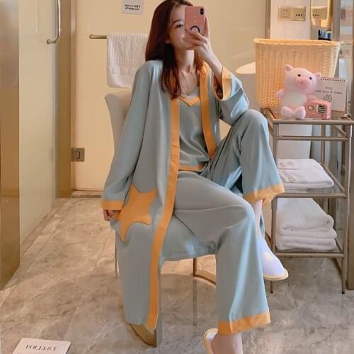 Autumn new womens pajama suit embroidered polyester cotton sweet fresh style pajamas set V-neck Lady sexy pajamas