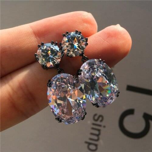 Luxury Female Round Oval Stud Earrings Big Crystal 14KT Black Gold Earrings Vintage Rainbow Zircon Stone Wedding Earrings