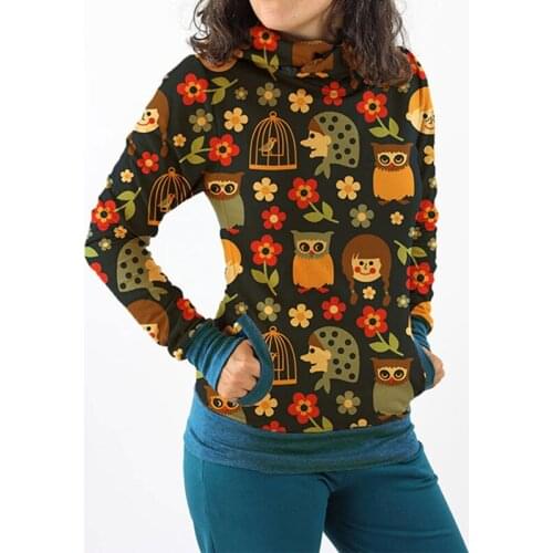 European Women Cartoon Animal Owl Printed Hoodie Sweatshirt Vintage Hoodies Long Sleeve Hoody Pullover Hoodies With Hooded