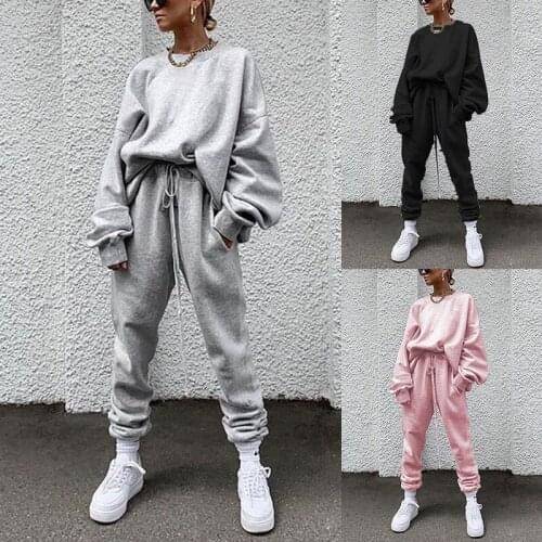 Explosion 2 Piece Set Women Solid Color Long-sleeved Trousers Loose Casual Suit Pant and Top Set