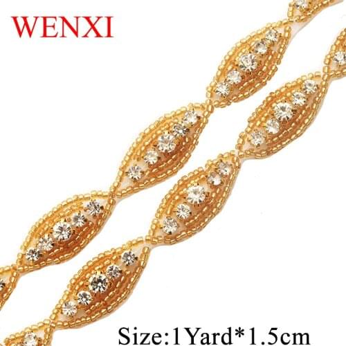WENXI 10YARD Crystal Rhinestone Applique Sewing On stick on Bridal beaded Trim For Wedding Dress Sash belt Haed band WX882