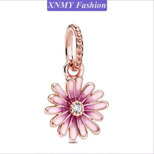 XNMY 2021 New Rose Gold Color Pink Daisy Flower Dangle Charm Beads Fit Original Pandora Charms Bracelet Jewelry
